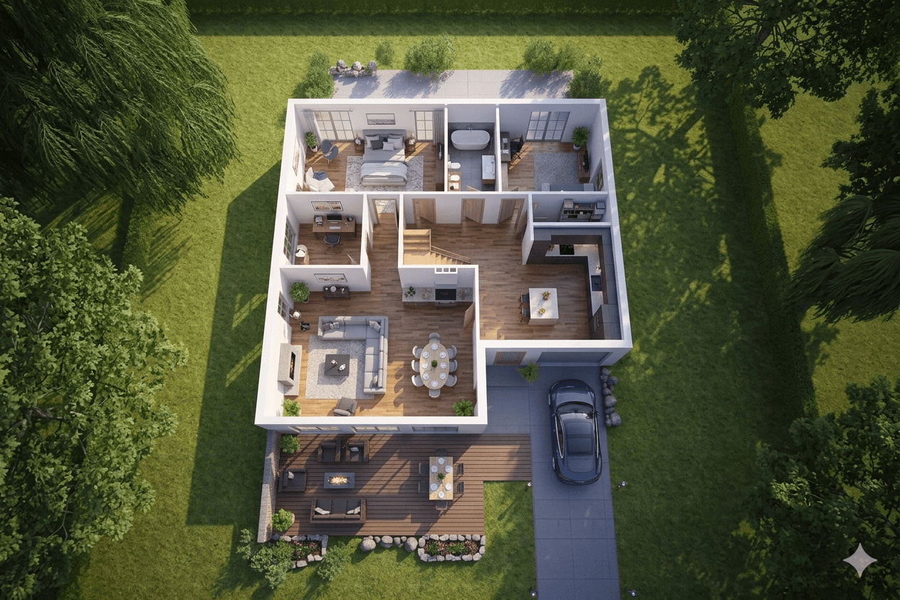 Modern 3D floor plan rendering with minimalist interior design