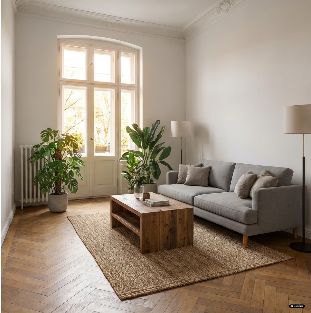 Virtuell eingerichtetes Wohnzimmer aus einem Zestio-Lauf (KI-modifiziert, EU-AI-Badge)