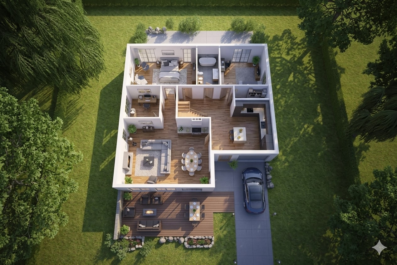 Gerenderter 3D-Grundriss mit Möbeln und Raumaufteilung